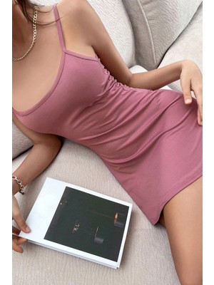 Pileli Store Kadın Pudra Sırt Kısmı Komple Dantelli Mini Gecelik