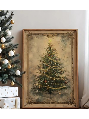 Voba Store Yılbaşı Konseptli Çerçeve Görünümlü Vintage Çam Ağacı Baskısına Sahip Mdf Tablo -6