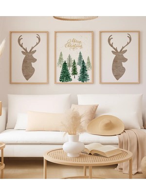 Voba Store 3 Parça Çerçeve Görünümlü Yılbaşı Geyik Temalı Mdf Tablo SETİ-123