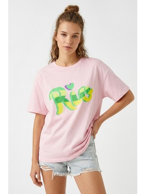 Hoxie Kadın Pembe Rio Baskılı Oversize Bisiklet Yaka Tişört