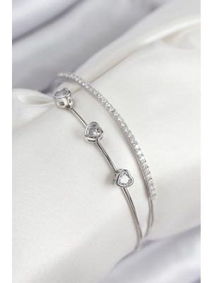 TeknoKapsül Pirinç Zirkon Taşlı Model Gümüş Renk Kadın Bileklik