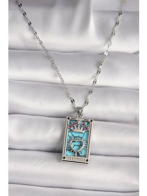 Youday Accessories 316L Çelik Gümüş Renk Pembe Zirkon Taşlı Taç Kalp Portre Model Kadın Kole