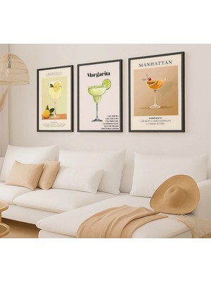 Voba Store 3 Parça Kokteyl Temalı Çerçeve Görünümlü Mdf Tablo Seti -93 Siyah-