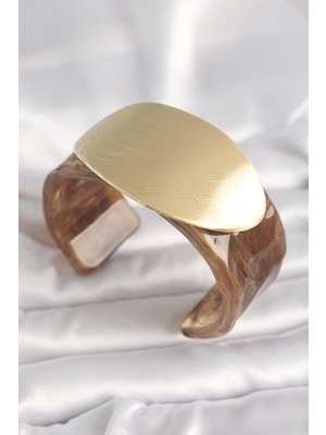 Youday Accessories Kahverengi Mermer Desen Akrilik Plastik Gold Oval Plaka Model Vintage Kadın Bilezik