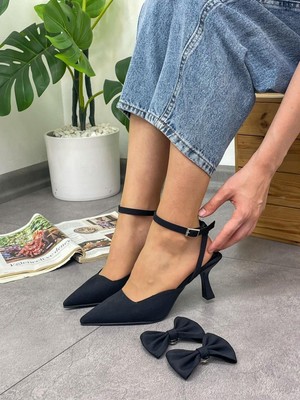 Erva'nın Butiği Siyah Saten (Jolie) Tak Çıkar Aksesuarlı Stiletto