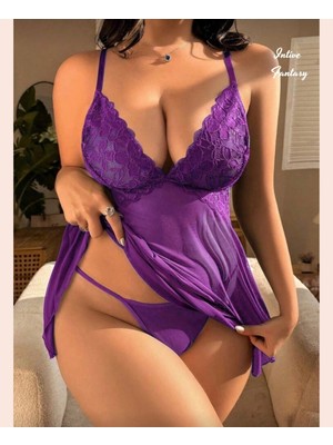 Intive Lingerie Intive Fantasy Büyük Beden Mor Dantel Detaylı V Yaka Mini Gecelik