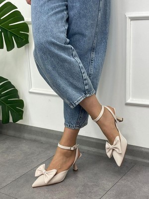 Erva'nın Butiği Bej Saten (Jolie) Tak Çıkar Aksesuarlı Stiletto