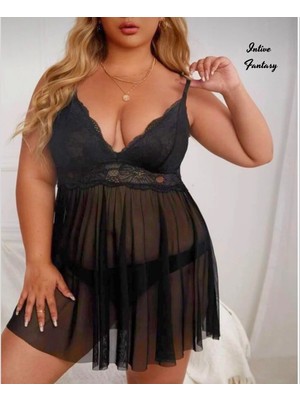 Intive Lingerie Intive Curvy Büyük Beden Yakası Dantelli Transparan Gecelik (Kırmızı/siyah)