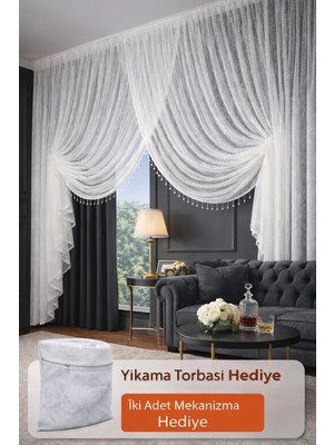 Yeni Sezon Trend Spor Desenli Kruvaze Salon ve Misafir Odalarına Uygun Tül Perde Orta Pile