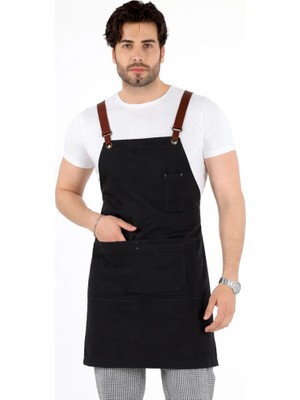 Bilenn Tekstil Barista Askılı Önlük Çift Cepli Deri Kemerli - Füme