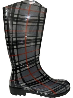 Emek Kadın Gri-Kırmızı Çizgi Desenli Bahçe Yağmur Çizmesi