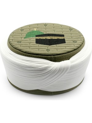 Sarıkhane Hac Umre Sarığı – Beyaz Kumaş – Yeşil Takke – Düz Sarım – Mekke-Medine – 5 Metre