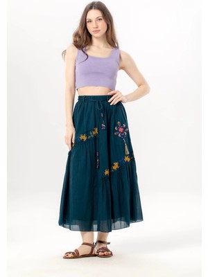 Eliş Şile Bezi Nihal Bağlamalı Vual Beli Lastikli Otantik Tek Cepli Yazlık Uzun Etek Petrol Ptrl