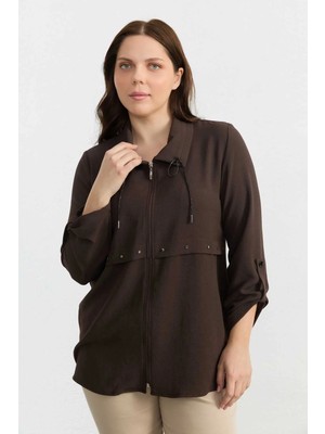 Selen Büyük Beden Yaka Ucu Taşlı Önü Fermuarlı Ceket  /  Kahve