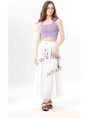 Eliş Şile Bezi Nihal Bağlamalı Vual Beli Lastikli Otantik Tek Cepli Yazlık Uzun Etek Beyaz Byz