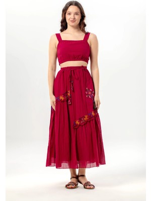 Eliş Şile Bezi Nihal Bağlamalı Vual Beli Lastikli Otantik Tek Cepli Yazlık Uzun Etek Bordo Brd