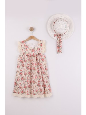 Joy Kids Kız Çocuk Şifon Kumaş Karışık Çiçek Desenli Şapkalı Elbise (6-9yaş) (Çok Renkli)