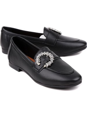 Stato Milano Taş Tokalı Hakiki Deri Siyah Kadın Loafer