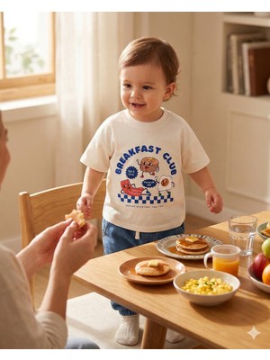 Babytex Bisiklet Yaka Breakfast Club Baskılı %100 Pamuklu Oversize Tişört Bebek - Çocuk