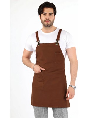 Bilenn Tekstil Barista Askılı Önlük Tek Cepli Deri Kemerli - Kahve