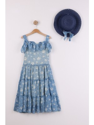 Joy Kids Kız Çocuk Papatya Desenli Şifon Elbise (10-13YAŞ) (Mavi)