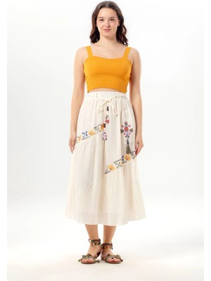 Eliş Şile Bezi Nihal Bağlamalı Vual Beli Lastikli Otantik Tek Cepli Yazlık Uzun Etek Krem Krm
