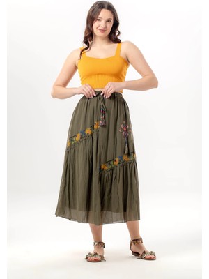 Eliş Şile Bezi Nihal Bağlamalı Vual Beli Lastikli Otantik Tek Cepli Yazlık Uzun Etek Haki Hk