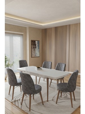 Toce Leva 80X130 Açılabilir Beyaz Masa Yemek Odası Takımı Mutfak Takımı 6 Adet Sandalye