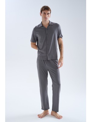Syah Erkek Modal Kısa Kollu Gömlek Uzun Pijama Takımı
