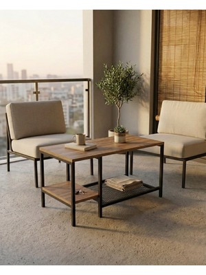 Moda Atlantik Çam Raflı Orta Sehpa 90X45 cm – Metal Gövdeli Modern Salon Sehpası Pratico