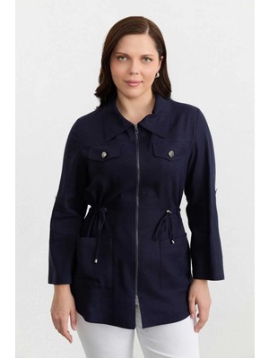 Selen Büyük Beden Beli Büzgülü Çift Cepli Ceket  /  Lacivert