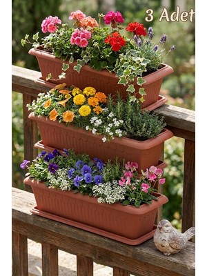 Effe Home Antik Diktörtgen Bahçe Balkon Saksısı 3 Adet