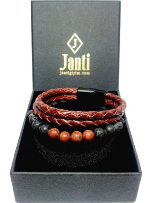 JTSS26BLK1859 Jasper Kırmızı Lav Hematit Doğaltaş Esnek ve Mıknatıslı Kilit Hakiki Deri Mazlzeme Taba Siyah 8 mm Garantili Kutulu Kombin Janti Bileklik