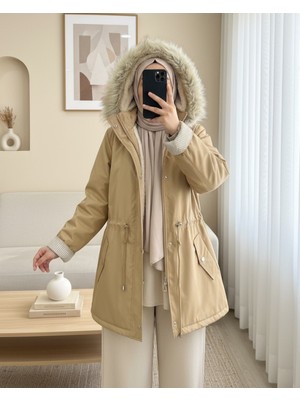 Moda Morfo Kürklü Çıkma Kapşonlu İçi Peluşlu Mont -Vizon