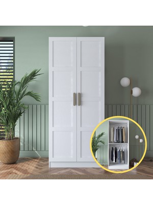 Rani BA187 Membran Kapaklı Gardırop Raflı 2 Askılı 2 Kapaklı Elbise Dolabı Beyaz