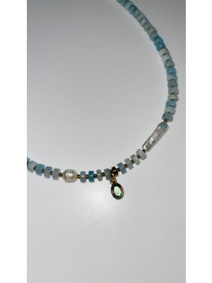 Doğal Taş& Akuamarin, Barok Inci, Hematit& Labradorit Sarkıt Kolye - Özel Tasarım