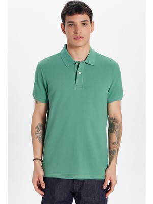 Tudors Erkek Slim Fit Dar Kesim %100 Pamuk Yeşil Polo Yaka Tişört