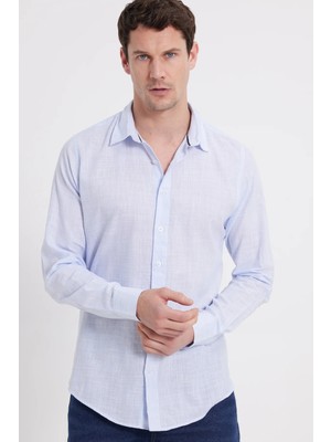 Tudors Erkek Slim Fit Dar Kesim %100 Pamuk Çizgili Uzun Kollu Keten Efektli Mavi Gömlek