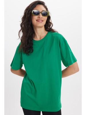 Tudors Kadın Slim Fit Dar Kesim %100 Pamuk Kısa Kollu Bisiklet Yaka Yeşil Tişört