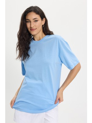 Tudors Kadın Slim Fit Dar Kesim %100 Pamuk Kısa Kollu Bisiklet Yaka Mavi Tişört
