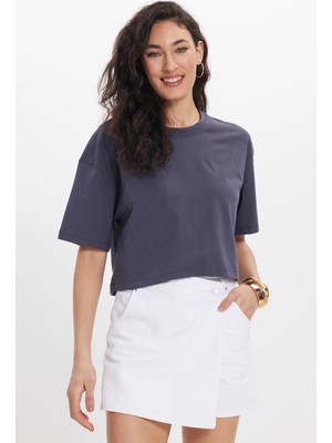 Tudors Kadın Slim Fit Dar Kesim %100 Pamuk Kısa Kollu Bisiklet Yaka Gri Crop Tişört