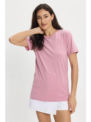 Tudors Kadın Slim Fit Dar Kesim %100 Pamuk Yumuşak Dokulu bisiklet Yaka Kısa Kollu Lila Tişört