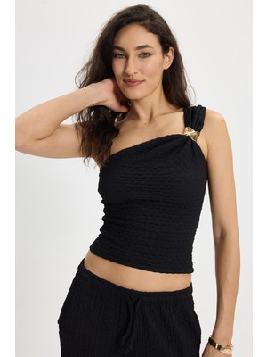 Tudors Kadın Slim Fit Dar Kesim Tek Omuz Tek Kol Doku Desenli Siyah Bluz