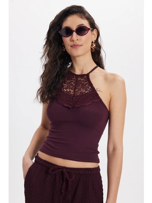 Tudors Kadın Slim Fit Dar Kesim Kolsuz Bisiklet Yaka Dantelli Sırt Detaylı Mürdüm Bluz