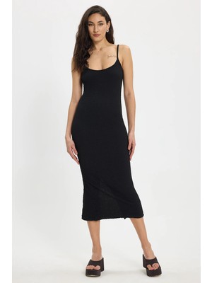 Tudors Kadın Slim Fit Vücuda Oturan askılı Likralı Midi Boy Siyah Elbise