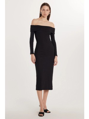 Tudors Kadın Slim Fit Dar Kesim Uzun Kollu Straplez Siyah Elbise