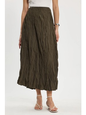 Tudors Kadın Rahat Kesim Beli Lastikli Midi Boy Haki Bürümcük Etek 