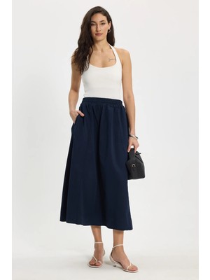 Tudors Kadın Relax Fit %100 Pamuk Yumuşak Dokulu Lastikli Bel Midi Boy Cepli Lacivert Pileli Kloş Etek