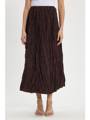 Tudors Kadın Rahat Kesim Beli Lastikli Midi Boy Kahverengi Bürümcük Etek 