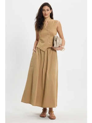 Tudors Kadın Slim Fit Dar Kesim %100 Pamuk V Yaka Çift Cepli Bej Etek Yelek Takım